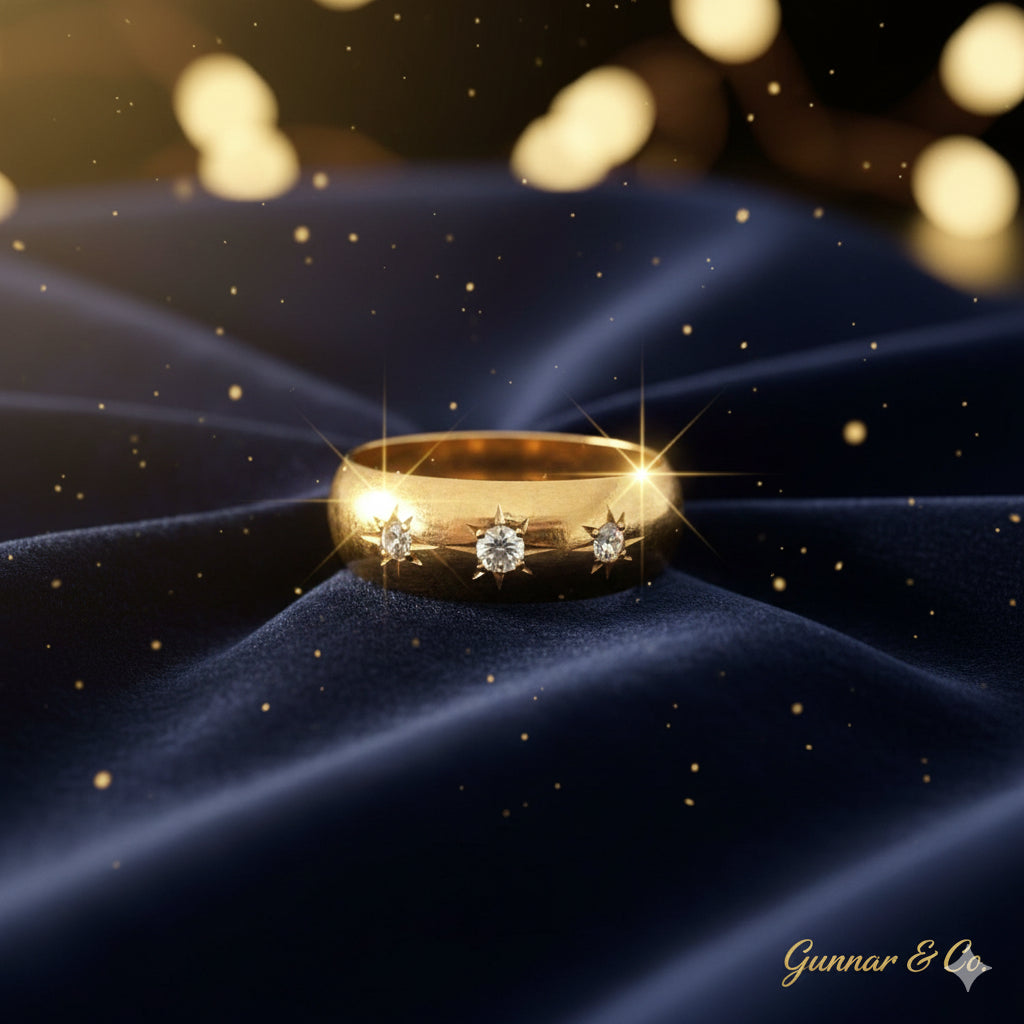 The Vintage 18K Yellow Gold Starburst Ring, Featuring Three Brilliant Round Diamonds.